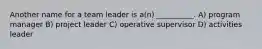 Another name for a team leader is a(n) __________. A) program manager B) project leader C) operative supervisor D) activities leader