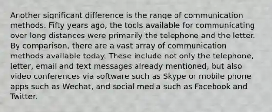 Another significant difference is the range of communication methods. Fifty years ago, the tools available for communicating over long distances were primarily the telephone and the letter. By comparison, there are a vast array of communication methods available today. These include not only the telephone, letter, email and text messages already mentioned, but also video conferences via software such as Skype or mobile phone apps such as Wechat, and social media such as Facebook and Twitter.