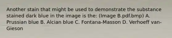 Another stain that might be used to demonstrate the substance stained dark blue in the image is the: (Image B.pdf.bmp) A. Prussian blue B. Alcian blue C. Fontana-Masson D. Verhoeff van-Gieson