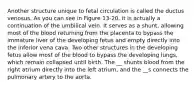 Another structure unique to fetal circulation is called the ductus venosus. As you can see in Figure 13-20, it is actually a continuation of the umbilical vein. It serves as a shunt, allowing most of the blood returning from the placenta to bypass the immature liver of the developing fetus and empty directly into the inferior vena cava. Two other structures in the developing fetus allow most of the blood to bypass the developing lungs, which remain collapsed until birth. The __ shunts blood from the right atrium directly into the left atrium, and the __s connects the pulmonary artery to the aorta.