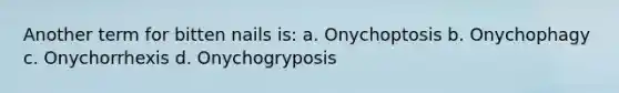 Another term for bitten nails is: a. Onychoptosis b. Onychophagy c. Onychorrhexis d. Onychogryposis