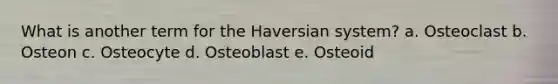 What is another term for the Haversian system? a. Osteoclast b. Osteon c. Osteocyte d. Osteoblast e. Osteoid