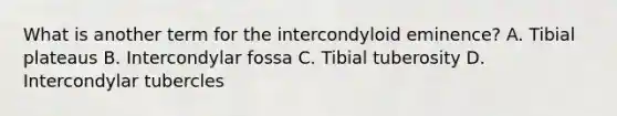 What is another term for the intercondyloid eminence? A. Tibial plateaus B. Intercondylar fossa C. Tibial tuberosity D. Intercondylar tubercles