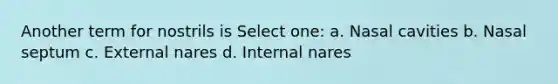 Another term for nostrils is Select one: a. Nasal cavities b. Nasal septum c. External nares d. Internal nares