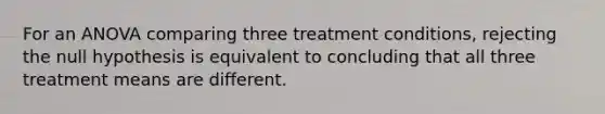 For an ANOVA comparing three treatment conditions, rejecting the null hypothesis is equivalent to concluding that all three treatment means are different.