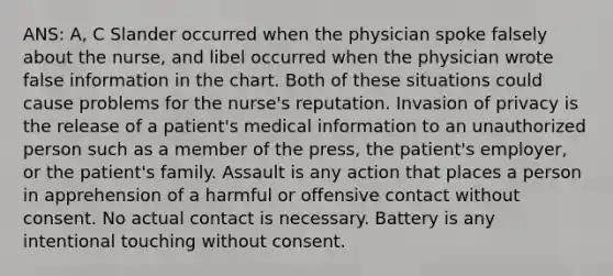 ANS: A, C Slander occurred when the physician spoke falsely about the nurse, and libel occurred when the physician wrote false information in the chart. Both of these situations could cause problems for the nurse's reputation. Invasion of privacy is the release of a patient's medical information to an unauthorized person such as a member of the press, the patient's employer, or the patient's family. Assault is any action that places a person in apprehension of a harmful or offensive contact without consent. No actual contact is necessary. Battery is any intentional touching without consent.