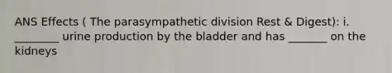 ANS Effects ( The parasympathetic division Rest & Digest): i. ________ urine production by the bladder and has _______ on the kidneys