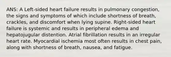 ANS: A Left-sided heart failure results in pulmonary congestion, the signs and symptoms of which include shortness of breath, crackles, and discomfort when lying supine. Right-sided heart failure is systemic and results in peripheral edema and hepatojugular distention. Atrial fibrillation results in an irregular heart rate. Myocardial ischemia most often results in chest pain, along with shortness of breath, nausea, and fatigue.