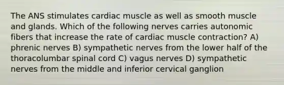 The ANS stimulates cardiac muscle as well as smooth muscle and glands. Which of the following nerves carries autonomic fibers that increase the rate of <a href='https://www.questionai.com/knowledge/kIevX4JuTD-cardiac-muscle-contraction' class='anchor-knowledge'>cardiac muscle contraction</a>? A) phrenic nerves B) sympathetic nerves from the lower half of the thoracolumbar spinal cord C) vagus nerves D) sympathetic nerves from the middle and inferior cervical ganglion