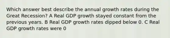 Which answer best describe the annual growth rates during the Great Recession? A Real GDP growth stayed constant from the previous years. B Real GDP growth rates dipped below 0. C Real GDP growth rates were 0