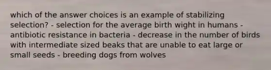 which of the answer choices is an example of stabilizing selection? - selection for the average birth wight in humans - antibiotic resistance in bacteria - decrease in the number of birds with intermediate sized beaks that are unable to eat large or small seeds - breeding dogs from wolves