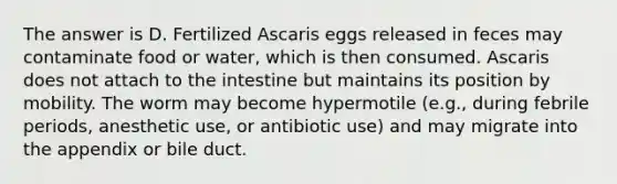 The answer is D. Fertilized Ascaris eggs released in feces may contaminate food or water, which is then consumed. Ascaris does not attach to the intestine but maintains its position by mobility. The worm may become hypermotile (e.g., during febrile periods, anesthetic use, or antibiotic use) and may migrate into the appendix or bile duct.