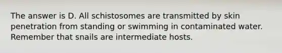 The answer is D. All schistosomes are transmitted by skin penetration from standing or swimming in contaminated water. Remember that snails are intermediate hosts.