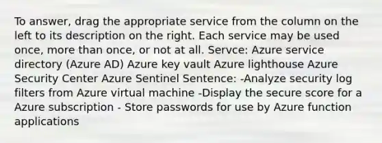 To answer, drag the appropriate service from the column on the left to its description on the right. Each service may be used once, more than once, or not at all. Servce: Azure service directory (Azure AD) Azure key vault Azure lighthouse Azure Security Center Azure Sentinel Sentence: -Analyze security log filters from Azure virtual machine -Display the secure score for a Azure subscription - Store passwords for use by Azure function applications