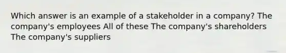 Which answer is an example of a stakeholder in a company? The company's employees All of these The company's shareholders The company's suppliers