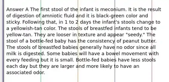 Answer A The first stool of the infant is meconium. It is the result of digestion of amniotic fluid and it is black-green color and sticky. Following that, in 1 to 2 days the infant's stools change to a yellowish-tan color. The stools of breastfed infants tend to be yellow-tan. They are looser in texture and appear "seedy." The stool of a bottle-fed baby has the consistency of peanut butter. The stools of breastfed babies generally have no odor since all milk is digested. Some babies will have a bowel movement with every feeding but it is small. Bottle-fed babies have less stools each day but they are larger and more likely to have an associated odor.