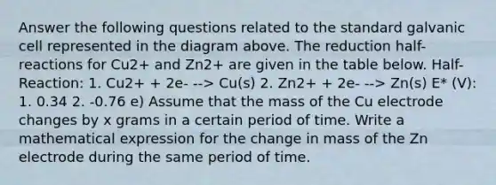 Answer the following questions related to the standard galvanic cell represented in the diagram above. The reduction half-reactions for Cu2+ and Zn2+ are given in the table below. Half-Reaction: 1. Cu2+ + 2e- --> Cu(s) 2. Zn2+ + 2e- --> Zn(s) E* (V): 1. 0.34 2. -0.76 e) Assume that the mass of the Cu electrode changes by x grams in a certain period of time. Write a mathematical expression for the change in mass of the Zn electrode during the same period of time.