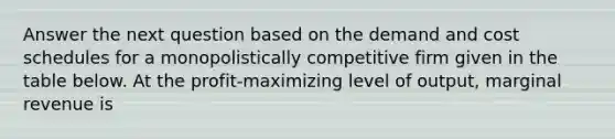 Answer the next question based on the demand and cost schedules for a monopolistically competitive firm given in the table below. At the profit-maximizing level of output, marginal revenue is