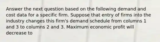 Answer the next question based on the following demand and cost data for a specific firm. Suppose that entry of firms into the industry changes this firm's demand schedule from columns 1 and 3 to columns 2 and 3. Maximum economic profit will decrease to