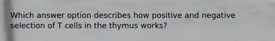 Which answer option describes how positive and negative selection of T cells in the thymus works?