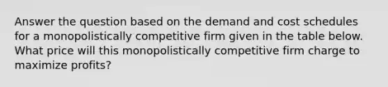 Answer the question based on the demand and cost schedules for a monopolistically competitive firm given in the table below. What price will this monopolistically competitive firm charge to maximize profits?