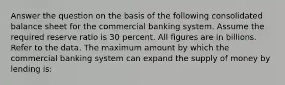 Answer the question on the basis of the following consolidated balance sheet for the commercial banking system. Assume the required reserve ratio is 30 percent. All figures are in billions. Refer to the data. The maximum amount by which the commercial banking system can expand the supply of money by lending is: