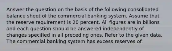 Answer the question on the basis of the following consolidated balance sheet of the commercial banking system. Assume that the reserve requirement is 20 percent. All figures are in billions and each question should be answered independently of changes specified in all preceding ones. Refer to the given data. The commercial banking system has excess reserves of: