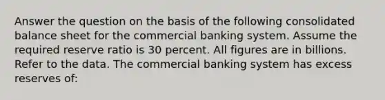 Answer the question on the basis of the following consolidated balance sheet for the commercial banking system. Assume the required reserve ratio is 30 percent. All figures are in billions. Refer to the data. The commercial banking system has excess reserves of: