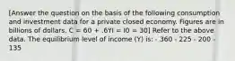 [Answer the question on the basis of the following consumption and investment data for a private closed economy. Figures are in billions of dollars. C = 60 + .6YI = I0 = 30] Refer to the above data. The equilibrium level of income (Y) is: - 360 - 225 - 200 - 135