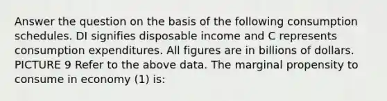 Answer the question on the basis of the following consumption schedules. DI signifies disposable income and C represents consumption expenditures. All figures are in billions of dollars. PICTURE 9 Refer to the above data. The marginal propensity to consume in economy (1) is: