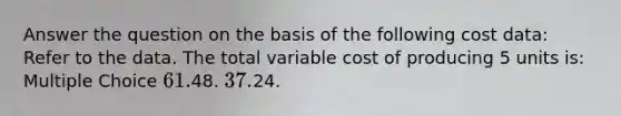 Answer the question on the basis of the following cost data: Refer to the data. The total variable cost of producing 5 units is: Multiple Choice 61.48. 37.24.