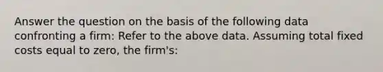 Answer the question on the basis of the following data confronting a firm: Refer to the above data. Assuming total fixed costs equal to zero, the firm's: