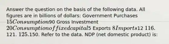 Answer the question on the basis of the following data. All figures are in billions of dollars: Government Purchases 15 Consumption90 Gross Investment 20 Consumption of fixed capital5 Exports 8 Imports12 116.121. 125.150. Refer to the data. NDP (net domestic product) is: