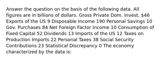 Answer the question on the basis of the following data. All figures are in billions of dollars. Gross Private Dom. Invest. 46 Exports of the US 9 Disposable Income 190 Personal Savings 10 Gov. Purchases 84 Net Foreign Factor Income 10 Consumption of Fixed Capital 52 Dividends 13 Imports of the US 12 Taxes on Production Imports 22 Personal Taxes 38 Social Security Contributions 23 Statistical Discrepancy 0 The economy characterized by the data is: