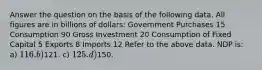 Answer the question on the basis of the following data. All figures are in billions of dollars: Government Purchases 15 Consumption 90 Gross Investment 20 Consumption of Fixed Capital 5 Exports 8 Imports 12 Refer to the above data. NDP is: a) 116. b)121. c) 125. d)150.