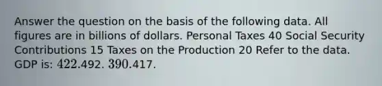 Answer the question on the basis of the following data. All figures are in billions of dollars. Personal Taxes 40 Social Security Contributions 15 Taxes on the Production 20 Refer to the data. GDP is: 422.492. 390.417.