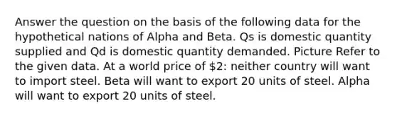 Answer the question on the basis of the following data for the hypothetical nations of Alpha and Beta. Qs is domestic quantity supplied and Qd is domestic quantity demanded. Picture Refer to the given data. At a world price of 2: neither country will want to import steel. Beta will want to export 20 units of steel. Alpha will want to export 20 units of steel.