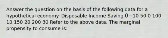 Answer the question on the basis of the following data for a hypothetical economy. Disposable Income Saving 0 -10 50 0 100 10 150 20 200 30 Refer to the above data. The marginal propensity to consume is: