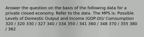 Answer the question on the basis of the following data for a private closed economy. Refer to the data. The MPS is: Possible Levels of Domestic Output and Income (GDP-DI)/ Comsumption 320 / 320 330 / 327 340 / 334 350 / 341 360 / 348 370 / 355 380 / 362