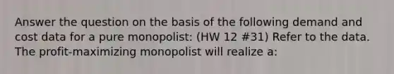 Answer the question on the basis of the following demand and cost data for a pure monopolist: (HW 12 #31) Refer to the data. The profit-maximizing monopolist will realize a: