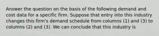Answer the question on the basis of the following demand and cost data for a specific firm. Suppose that entry into this industry changes this firm's demand schedule from columns (1) and (3) to columns (2) and (3). We can conclude that this industry is