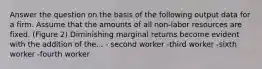 Answer the question on the basis of the following output data for a firm. Assume that the amounts of all non-labor resources are fixed. (Figure 2) Diminishing marginal returns become evident with the addition of the... - second worker -third worker -sixth worker -fourth worker