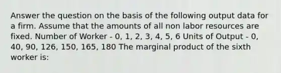 Answer the question on the basis of the following output data for a firm. Assume that the amounts of all non labor resources are fixed. Number of Worker - 0, 1, 2, 3, 4, 5, 6 Units of Output - 0, 40, 90, 126, 150, 165, 180 The marginal product of the sixth worker is: