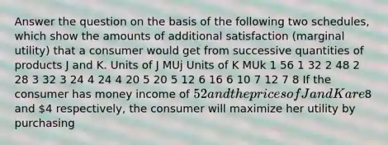 Answer the question on the basis of the following two schedules, which show the amounts of additional satisfaction (marginal utility) that a consumer would get from successive quantities of products J and K. Units of J MUj Units of K MUk 1 56 1 32 2 48 2 28 3 32 3 24 4 24 4 20 5 20 5 12 6 16 6 10 7 12 7 8 If the consumer has money income of 52 and the prices of J and K are8 and 4 respectively, the consumer will maximize her utility by purchasing