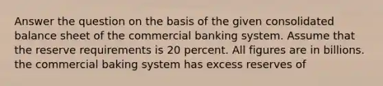 Answer the question on the basis of the given consolidated balance sheet of the commercial banking system. Assume that the reserve requirements is 20 percent. All figures are in billions. the commercial baking system has excess reserves of