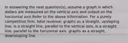 In answering the next question(s), assume a graph in which dollars are measured on the vertical axis and output on the horizontal axis.Refer to the above information. For a purely competitive firm, total revenue: graphs as a straight, upsloping line. is a straight line, parallel to the vertical axis. is a straight line, parallel to the horizontal axis. graphs as a straight, downsloping line.