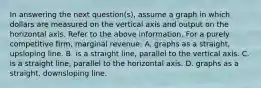 In answering the next question(s), assume a graph in which dollars are measured on the vertical axis and output on the horizontal axis. Refer to the above information. For a purely competitive firm, marginal revenue: A. graphs as a straight, upsloping line. B. is a straight line, parallel to the vertical axis. C. is a straight line, parallel to the horizontal axis. D. graphs as a straight, downsloping line.