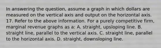 In answering the question, assume a graph in which dollars are measured on the vertical axis and output on the horizontal axis. 17. Refer to the above information. For a purely competitive firm, marginal revenue graphs as a: A. straight, upsloping line. B. straight line, parallel to the vertical axis. C. straight line, parallel to the horizontal axis. D. straight, downsloping line.