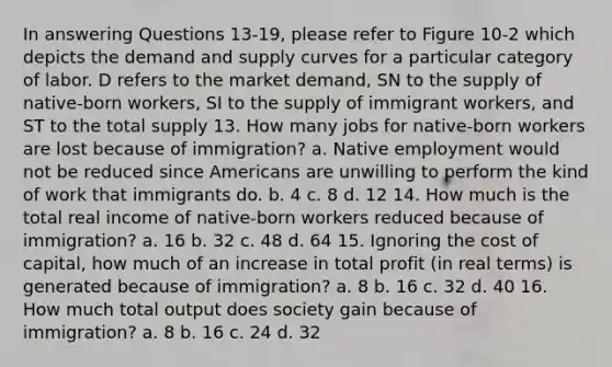 In answering Questions 13-19, please refer to Figure 10-2 which depicts the demand and supply curves for a particular category of labor. D refers to the market demand, SN to the supply of native-born workers, SI to the supply of immigrant workers, and ST to the total supply 13. How many jobs for native-born workers are lost because of immigration? a. Native employment would not be reduced since Americans are unwilling to perform the kind of work that immigrants do. b. 4 c. 8 d. 12 14. How much is the total real income of native-born workers reduced because of immigration? a. 16 b. 32 c. 48 d. 64 15. Ignoring the cost of capital, how much of an increase in total profit (in real terms) is generated because of immigration? a. 8 b. 16 c. 32 d. 40 16. How much total output does society gain because of immigration? a. 8 b. 16 c. 24 d. 32