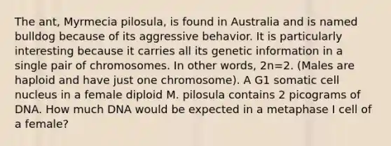 The ant, Myrmecia pilosula, is found in Australia and is named bulldog because of its aggressive behavior. It is particularly interesting because it carries all its genetic information in a single pair of chromosomes. In other words, 2n=2. (Males are haploid and have just one chromosome). A G1 somatic cell nucleus in a female diploid M. pilosula contains 2 picograms of DNA. How much DNA would be expected in a metaphase I cell of a female?